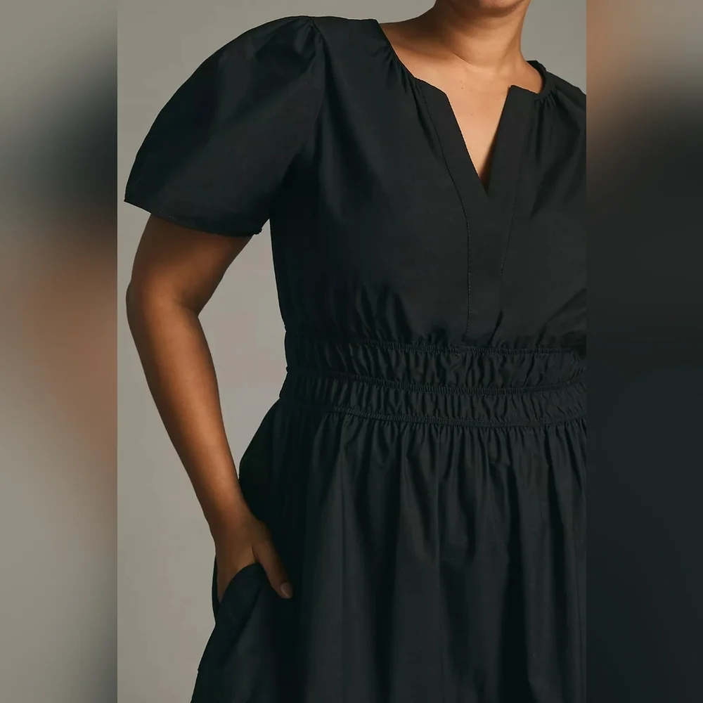 Anthropologie Black Cotton Short Sleeve Tiered A-Line Somerset Maxi Dress LG - Picture 4 of 11